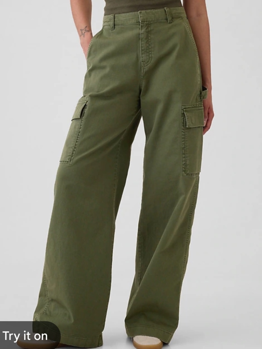 GAP Baggy Cargo Pants Olive Night Garment Dyed Khakis Wide Leg US 8 Tall